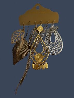 Vtg Six Single Metal Ethnic Leaves Butterfly Filigree Festival Dangle Earrings